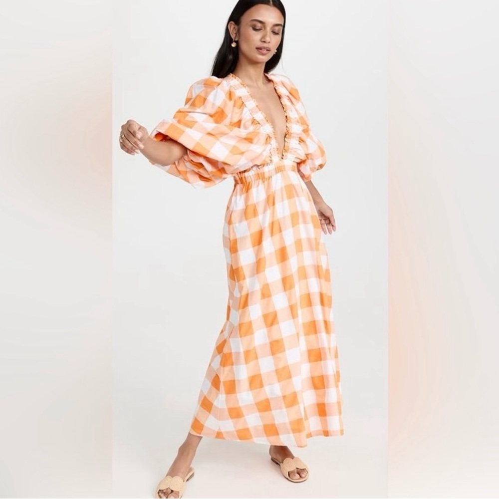 Women's Orange Gingham Maxi Dress with Puff Sleeves